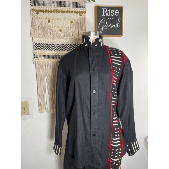 Unisex Vintage Linen Cotton Black & Red Tribal Ethnic Shirt & Pant Set Suit M - Picture 12 of 16